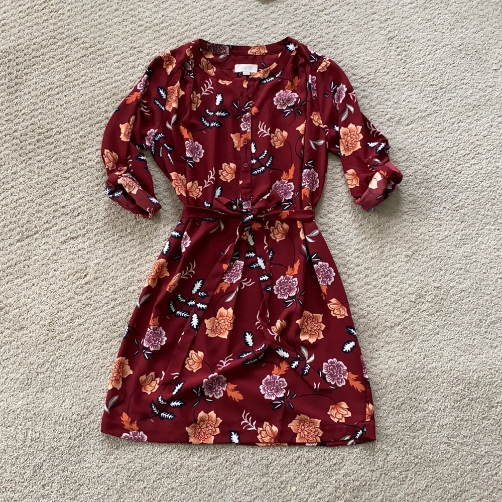 LOFT Floral Tie Waist Shirtdress